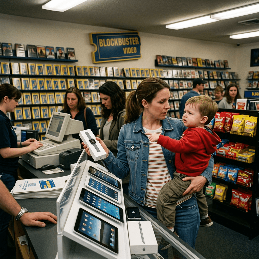 Woman holding boxed smartwatch inside Blockbuster store with child and customers